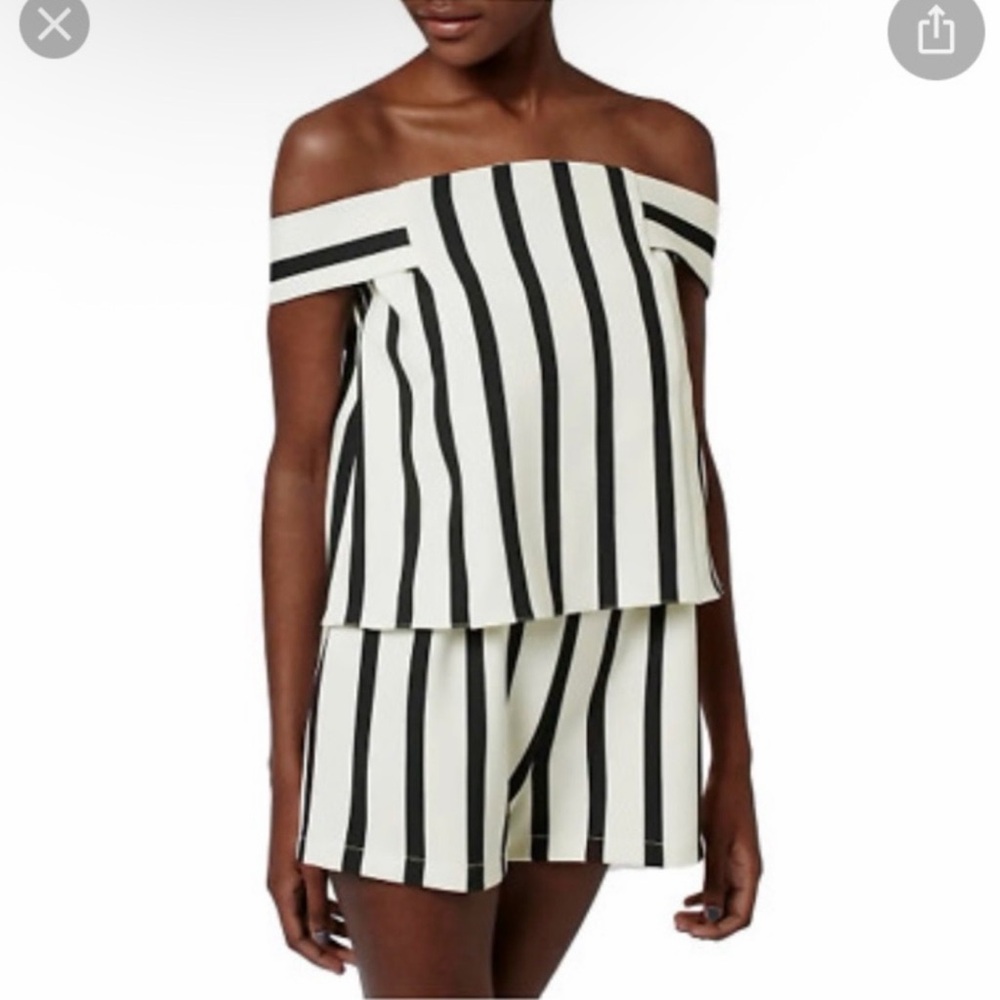 Topshop Black and White Striped Off-Shoulder Romper